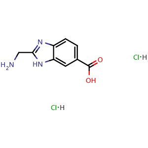 Chemical structure of 2-(Aminomethyl)-1H-benzo[d]imidazole-6-carboxylic acid dihydrochloride , CAS 1803594-45-7, AChemBlock X200175