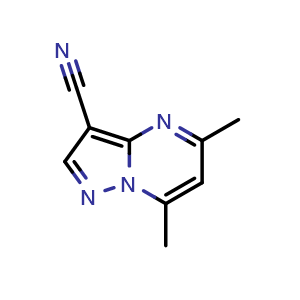 Chemical structure of 5,7-Dimethylpyrazolo[1,5-a]pyrimidine-3-carbonitrile , CAS 43024-16-4, AChemBlock X200242