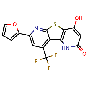 Chemical structure of 7-(Furan-2-yl)-4-hydroxy-9-(trifluoromethyl)thieno[2,3-b:4,5-b']dipyridin-2(1H)-one , CAS 728886-12-2, AChemBlock X200310