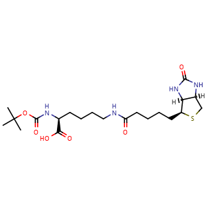 Chemical structure of N2-(tert-butoxycarbonyl)-N6-(5-((3aS,4S,6aR)-2-oxohexahydro-1H-thieno[3,4-d]imidazol-4-yl)pentanoyl)-L-lysine , CAS 62062-43-5, AChemBlock X200313