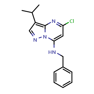 Chemical structure of N-Benzyl-5-chloro-3-isopropylpyrazolo[1,5-a]pyrimidin-7-amine , CAS 1092443-98-5, AChemBlock X200666