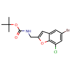 Chemical structure of tert-Butyl ((5-bromo-7-chlorobenzofuran-2-yl)methyl)carbamate , CAS 1643914-41-3, AChemBlock X200743
