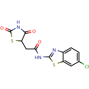 Chemical structure of N-(6-Chlorobenzo[d]thiazol-2-yl)-2-(2,4-dioxothiazolidin-5-yl)acetamide , CAS 880301-25-7, AChemBlock X200872