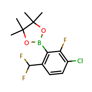 Chemical structure of 2-(3-Chloro-6-(difluoromethyl)-2-fluorophenyl)-4,4,5,5-tetramethyl-1,3,2-dioxaborolane , CAS 1802432-22-9, AChemBlock X200889