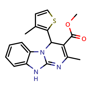 Chemical structure of Methyl 2-methyl-4-(3-methylthiophen-2-yl)-4,10-dihydrobenzo[4,5]imidazo[1,2-a]pyrimidine-3-carboxylate , CAS 879027-86-8, AChemBlock X200901