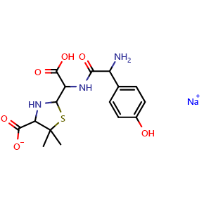 Chemical structure of 2-((2-Amino-2-(4-hydroxyphenyl)acetamido)(carboxy)methyl)-5,5-dimethylthiazolidine-4-carboxylic acid, sodium salt Amoxicillin Impurity , CAS 68728-47-2, AChemBlock X200955