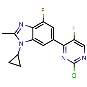 Chemical structure of 6-(2-Chloro-5-fluoropyrimidin-4-yl)-1-cyclopropyl-4-fluoro-2-methyl-1H-benzo[d]imidazole , CAS 1231930-43-0, AChemBlock X201008