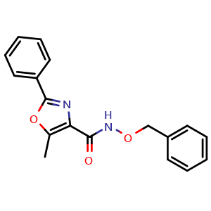 Chemical structure of N-(Benzyloxy)-5-methyl-2-phenyloxazole-4-carboxamide , CAS 929978-81-4, AChemBlock X201087