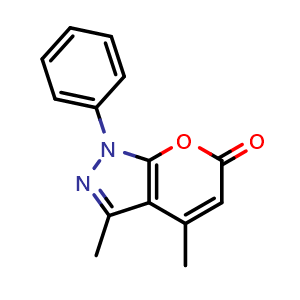 Chemical structure of 3,4-Dimethyl-1-phenylpyrano[2,3-c]pyrazol-6(1H)-one , CAS 74169-52-1, AChemBlock X201121