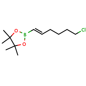 Chemical structure of (E)-2-(6-Chlorohex-1-en-1-yl)-4,4,5,5-tetramethyl-1,3,2-dioxaborolane , CAS 197313-32-9, AChemBlock X201444