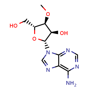 Chemical structure of (2R,3R,4S,5R)-2-(6-amino-9H-purin-9-yl)-5-(hydroxymethyl)-4-methoxytetrahydrofuran-3-ol , CAS 10300-22-8, AChemBlock X201456