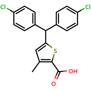 Chemical structure of 5-(Bis(4-chlorophenyl)methyl)-3-methylthiophene-2-carboxylic acid , CAS 2410959-79-2, AChemBlock X201756