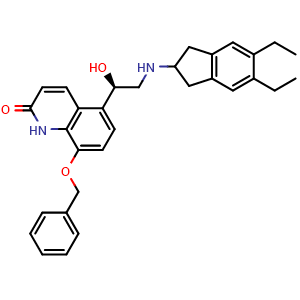Chemical structure of (R)-8-(Benzyloxy)-5-(2-((5,6-diethyl-2,3-dihydro-1H-inden-2-yl)amino)-1-hydroxyethyl)quinolin-2(1H)-one , CAS 435273-75-9, AChemBlock X201778