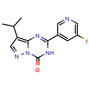 Chemical structure of 2-(5-Fluoropyridin-3-yl)-8-isopropylpyrazolo[1,5-a][1,3,5]triazin-4(3H)-one , CAS 2247954-79-4, AChemBlock X201805
