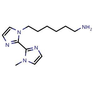 Chemical structure of 6-(1'-Methyl-1H,1'H-[2,2'-biimidazol]-1-yl)hexan-1-amine , CAS 874116-35-5, AChemBlock X201896