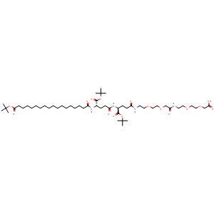 Chemical structure of (22S,27S)-22,27-Bis(tert-butoxycarbonyl)-48,48-dimethyl-10,19,24,29,46-pentaoxo-3,6,12,15,47-pentaoxa-9,18,23,28-tetraazanonatetracontanoic acid , CAS 2618724-23-3, AChemBlock X201958