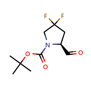 Chemical structure of (2S)-tert-Butyl 4,4-difluoro-2-formylpyrrolidine-1-carboxylate , CAS 1194032-45-5, AChemBlock X201970