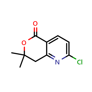 Chemical structure of 2-Chloro-7,7-dimethyl-7,8-dihydro-5H-pyrano[4,3-b]pyridin-5-one , CAS 2673369-01-0, AChemBlock X202022