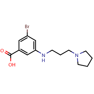 Chemical structure of 3-Bromo-5-((3-(pyrrolidin-1-yl)propyl)amino)benzoic acid , CAS 1990722-54-7, AChemBlock X202142