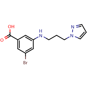 Chemical structure of 3-((3-(1H-Pyrazol-1-yl)propyl)amino)-5-bromobenzoic acid , CAS 1971269-86-9, AChemBlock X202143