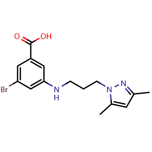 Chemical structure of 3-Bromo-5-((3-(3,5-dimethyl-1H-pyrazol-1-yl)propyl)amino)benzoic acid , CAS 1976797-27-9, AChemBlock X202144