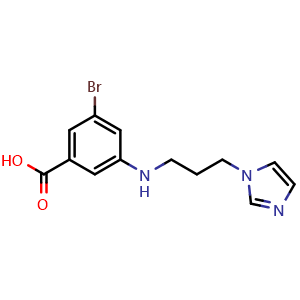 Chemical structure of 3-((3-(1H-Imidazol-1-yl)propyl)amino)-5-bromobenzoic acid , CAS 1976800-34-6, AChemBlock X202145