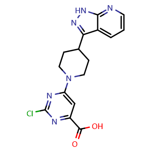 Chemical structure of 6-(4-(1H-Pyrazolo[3,4-b]pyridin-3-yl)piperidin-1-yl)-2-chloropyrimidine-4-carboxylic acid , CAS 1954724-16-3, AChemBlock X202148
