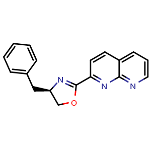 Chemical structure of (R)-4-Benzyl-2-(1,8-naphthyridin-2-yl)-4,5-dihydrooxazole , CAS 2757082-73-6, AChemBlock X202187