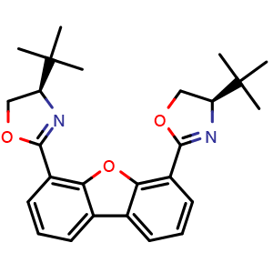 Chemical structure of 4,6-Bis((R)-4-(tert-butyl)-4,5-dihydrooxazol-2-yl)dibenzo[b,d]furan , CAS 2757082-90-7, AChemBlock X202198