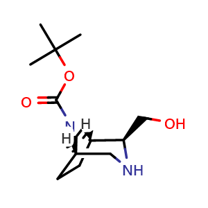 Chemical structure of tert-Butyl (1S,2S,5R)-2-(hydroxymethyl)-3,8-diazabicyclo[3.2.1]octane-8-carboxylate , CAS 2820536-71-6, AChemBlock X202259