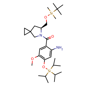 Chemical structure of (S)-(2-Amino-5-methoxy-4-((triisopropylsilyl)oxy)phenyl)(6-(((tert-butyldimethylsilyl)oxy)methyl)-5-azaspiro[2.4]heptan-5-yl)methanone , CAS 2305842-47-9, AChemBlock X202401
