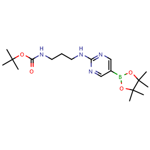 Chemical structure of tert-Butyl (3-((5-(4,4,5,5-tetramethyl-1,3,2-dioxaborolan-2-yl)pyrimidin-2-yl)amino)propyl)carbamate , CAS 1356464-60-2, AChemBlock X202443