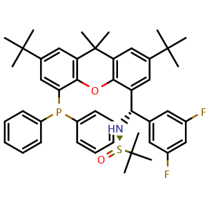 Chemical structure of (R)-N-((S)-(2,7-di-tert-butyl-5-(diphenylphosphanyl)-9,9-dimethyl-9H-xanthen-4-yl)(3,5-difluorophenyl)methyl)-2-methylpropane-2-sulfinamide , AChemBlock X202451