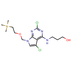 Chemical structure of 3-((2,5-Dichloro-7-((2-(trimethylsilyl)ethoxy)methyl)-7H-pyrrolo[2,3-d]pyrimidin-4-yl)amino)propan-1-ol , CAS 2901100-05-6, AChemBlock X202462