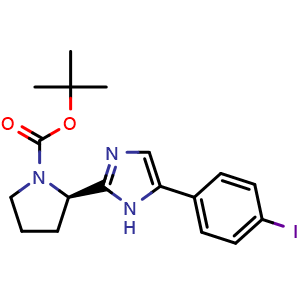 Chemical structure of (R)-tert-Butyl 2-(5-(4-iodophenyl)-1H-imidazol-2-yl)pyrrolidine-1-carboxylate , CAS 1370600-39-7, AChemBlock X202549