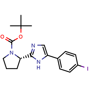 Chemical structure of (S)-tert-Butyl 2-(5-(4-iodophenyl)-1H-imidazol-2-yl)pyrrolidine-1-carboxylate , CAS 1242094-29-6, AChemBlock X202551