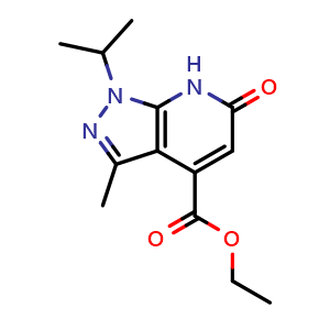 Chemical structure of Ethyl 1-isopropyl-3-methyl-6-oxo-6,7-dihydro-1H-pyrazolo[3,4-b]pyridine-4-carboxylate , CAS 1174844-27-9, AChemBlock X202564