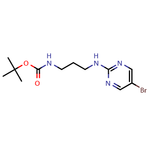 Chemical structure of tert-Butyl (3-((5-bromopyrimidin-2-yl)amino)propyl)carbamate , CAS 1289003-99-1, AChemBlock X202582