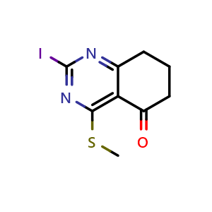 Chemical structure of 2-Iodo-4-(methylthio)-7,8-dihydroquinazolin-5(6H)-one , CAS 2901099-36-1, AChemBlock X202584