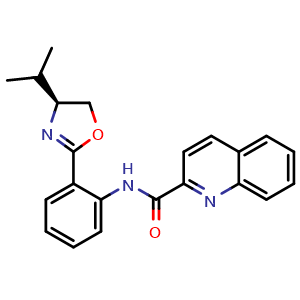 Chemical structure of (S)-N-(2-(4-Isopropyl-4,5-dihydrooxazol-2-yl)phenyl)quinoline-2-carboxamide , AChemBlock X202614