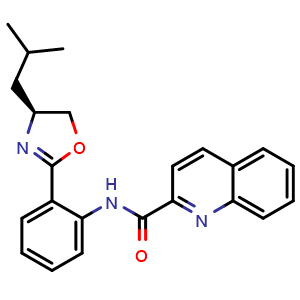 Chemical structure of (S)-N-(2-(4-Isobutyl-4,5-dihydrooxazol-2-yl)phenyl)quinoline-2-carboxamide , AChemBlock X202616