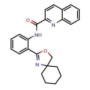 Chemical structure of N-(2-(3-Oxa-1-azaspiro[4.5]dec-1-en-2-yl)phenyl)quinoline-2-carboxamide , CAS 2918779-25-4, AChemBlock X202617
