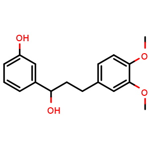 Chemical structure of 3-(3-(3,4-Dimethoxyphenyl)-1-hydroxypropyl)phenol , CAS 1446029-76-0, AChemBlock X202666