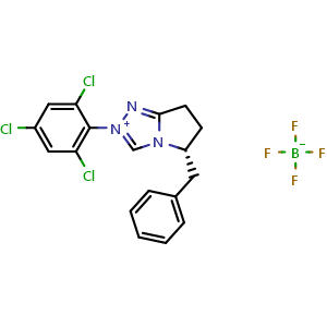 Chemical structure of (R)-5-Benzyl-2-(2,4,6-trichlorophenyl)-6,7-dihydro-5H-pyrrolo[2,1-c][1,2,4]triazol-2-ium tetrafluoroborate , CAS 1436643-79-6, AChemBlock X202769
