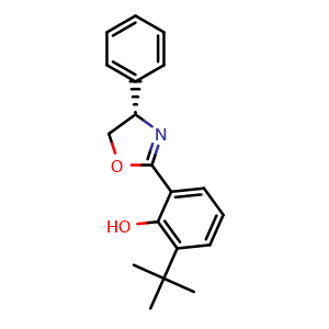 Chemical structure of 2-[(4S)-4,5-Dihydro-4-phenyl-2-oxazolyl]-6-(1,1-dimethylethyl)phenol , CAS 365281-29-4, AChemBlock X202873