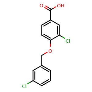 Chemical structure of 3-Chloro-4-[(3-chlorophenyl)methox y]benzoic acid , CAS 1002970-32-2, AChemBlock X202995