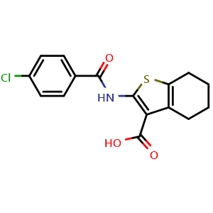 Chemical structure of 2-(4-chloro-benzoylamino)-4,5,6,7-tetrahydro-benzo[b]thiophene-3-carboxylic acid , CAS 52535-76-9, AChemBlock X203021