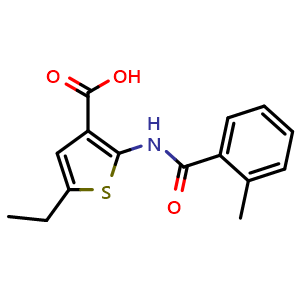 Chemical structure of 5-ethyl-2-(2-methylbenzamido)thiophene-3-carboxylic acid , CAS 380645-32-9, AChemBlock X203127