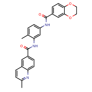 Chemical structure of N-(5-(2,3-dihydrobenzo[b][1,4]dioxine-6-carboxamido)-2-methylphenyl)-2-methylquinoline-6-carboxamide , CAS 1693731-14-4, AChemBlock X203133