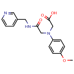 Chemical structure of ((4-Methoxyphenyl){2-oxo-2-[(pyridin-3-ylmethyl)-amino]ethyl}amino)acetic acid , CAS 1142215-99-3, AChemBlock X203142